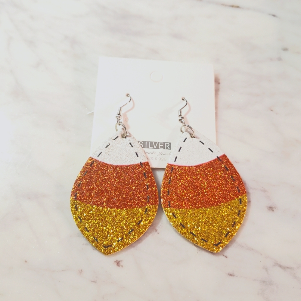 Halloween or Fall Glitter Candy Corn Statement Dangle Earrings